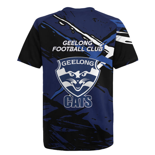 Geelong Football Club Rugby Jersey Cats Muscular Mascot Graphic - Abstract Paint Splatter Art