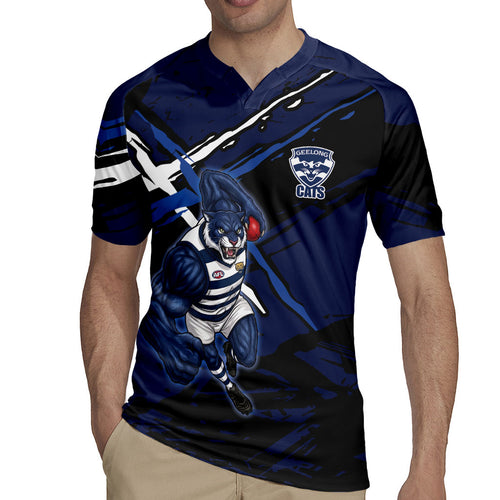 Geelong Football Club Rugby Jersey Cats Muscular Mascot Graphic - Abstract Paint Splatter Art