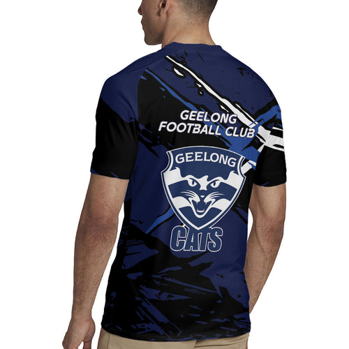 Geelong Football Club Rugby Jersey Cats Muscular Mascot Graphic - Abstract Paint Splatter Art