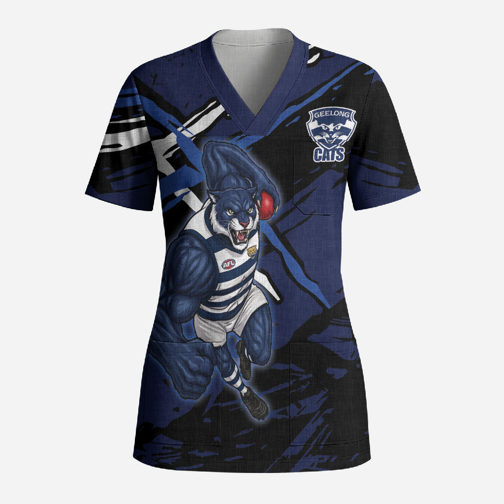 Geelong Football Club Scrub Top Cats Muscular Mascot Graphic - Abstract Paint Splatter Art