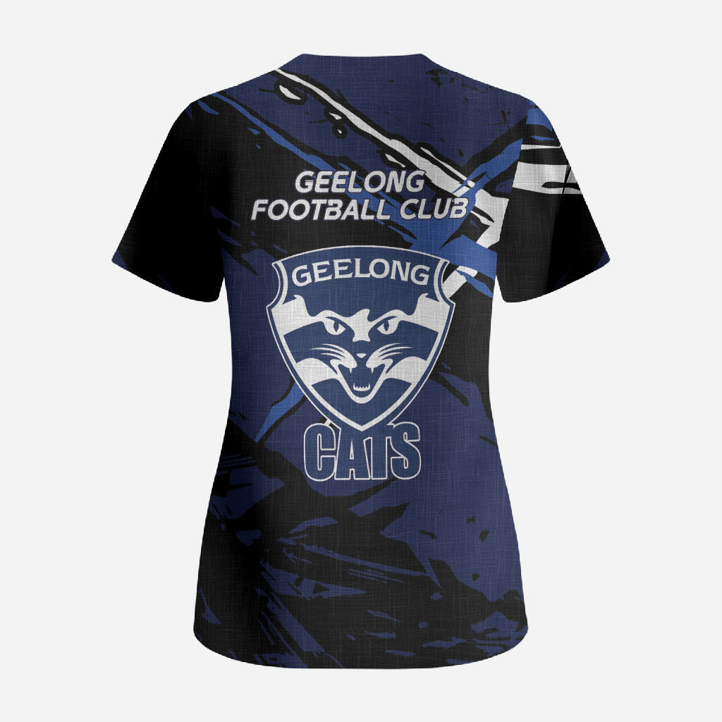 Geelong Football Club Scrub Top Cats Muscular Mascot Graphic - Abstract Paint Splatter Art