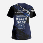 Geelong Football Club Scrub Top Cats Muscular Mascot Graphic - Abstract Paint Splatter Art