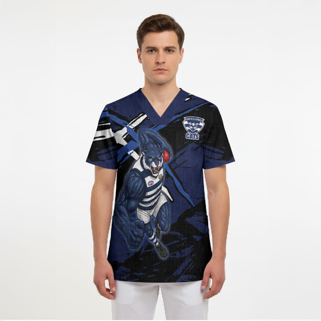 Geelong Football Club Scrub Top Cats Muscular Mascot Graphic - Abstract Paint Splatter Art