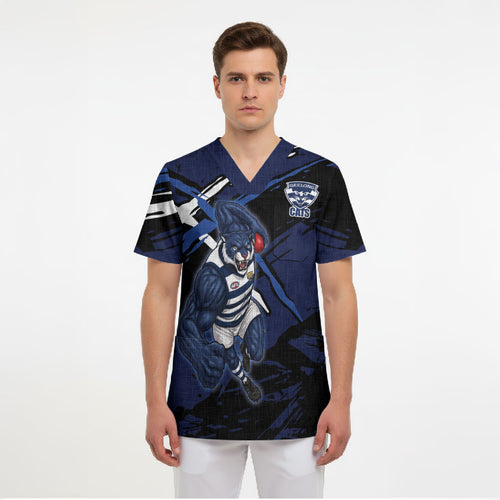 Geelong Football Club Scrub Top Cats Muscular Mascot Graphic - Abstract Paint Splatter Art