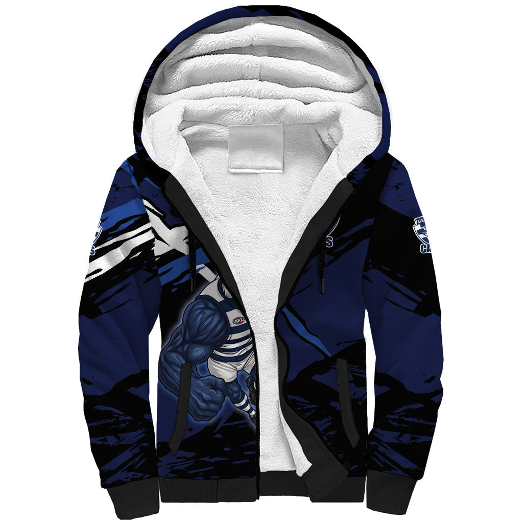 Geelong Football Club Sherpa Hoodie Cats Muscular Mascot Graphic - Abstract Paint Splatter Art