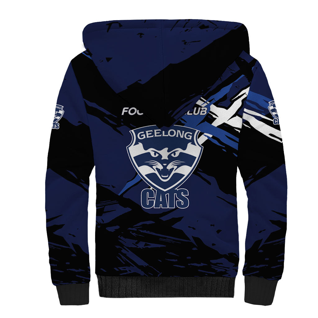Geelong Football Club Sherpa Hoodie Cats Muscular Mascot Graphic - Abstract Paint Splatter Art