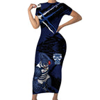 Geelong Football Club Short Sleeve Bodycon Dress Cats Muscular Mascot Graphic - Abstract Paint Splatter Art