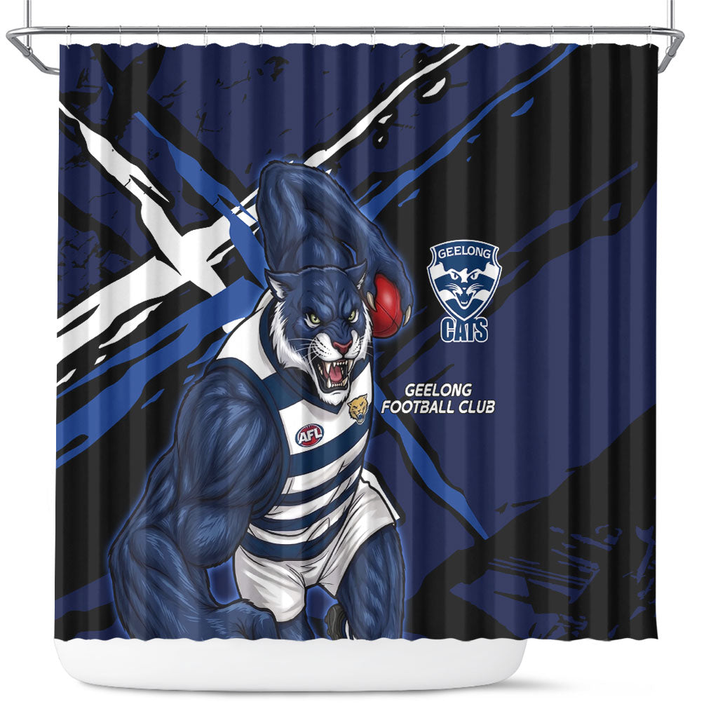 Geelong Football Club Shower Curtain Cats Muscular Mascot Graphic - Abstract Paint Splatter Art