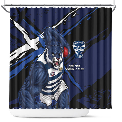 Geelong Football Club Shower Curtain Cats Muscular Mascot Graphic - Abstract Paint Splatter Art