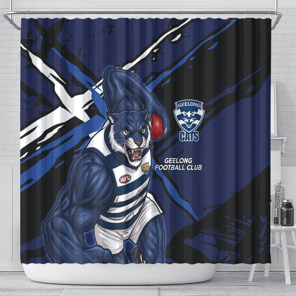Geelong Football Club Shower Curtain Cats Muscular Mascot Graphic - Abstract Paint Splatter Art