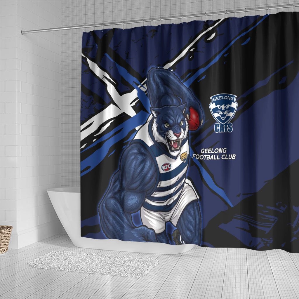 Geelong Football Club Shower Curtain Cats Muscular Mascot Graphic - Abstract Paint Splatter Art
