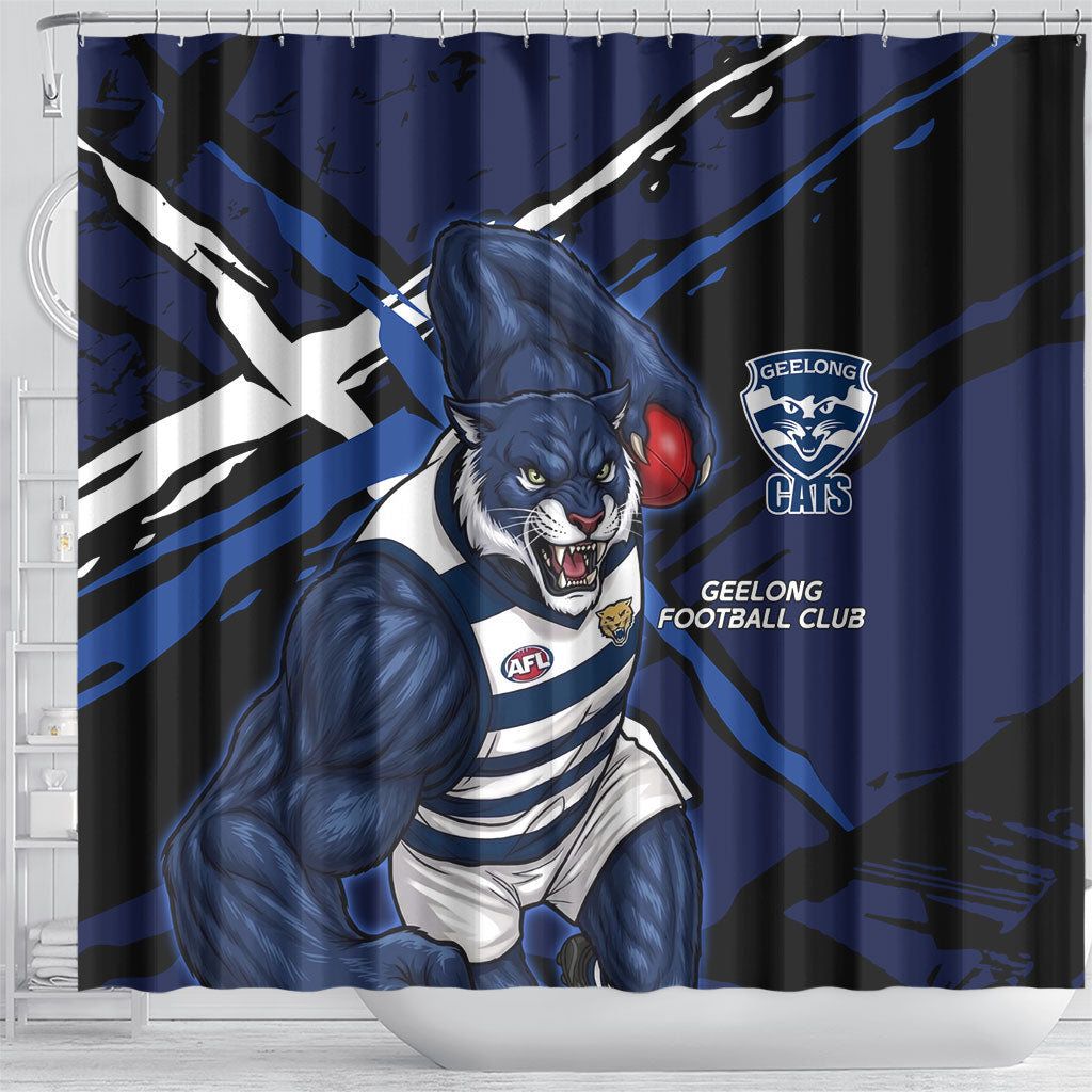Geelong Football Club Shower Curtain Cats Muscular Mascot Graphic - Abstract Paint Splatter Art