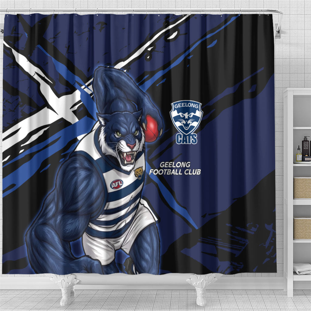Geelong Football Club Shower Curtain Cats Muscular Mascot Graphic - Abstract Paint Splatter Art