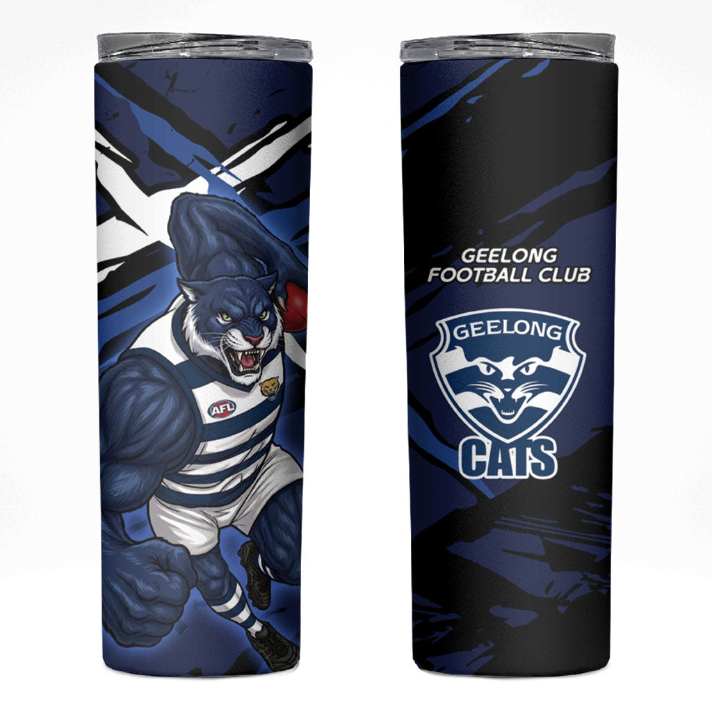 Geelong Football Club Skinny Tumbler Cats Muscular Mascot Graphic - Abstract Paint Splatter Art