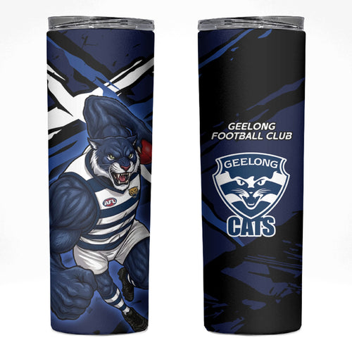 Geelong Football Club Skinny Tumbler Cats Muscular Mascot Graphic - Abstract Paint Splatter Art