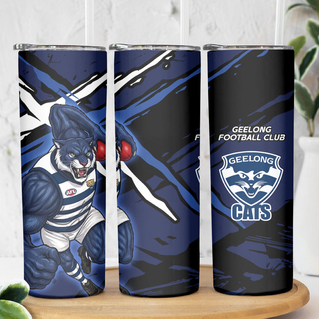 Geelong Football Club Skinny Tumbler Cats Muscular Mascot Graphic - Abstract Paint Splatter Art