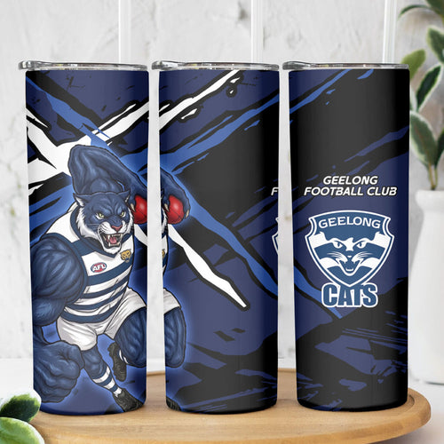 Geelong Football Club Skinny Tumbler Cats Muscular Mascot Graphic - Abstract Paint Splatter Art