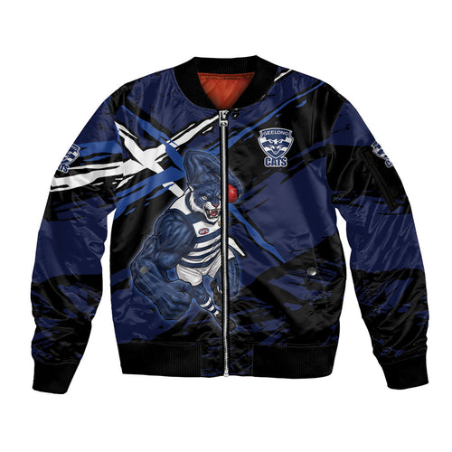 Geelong Football Club Sleeve Zip Bomber Jacket Cats Muscular Mascot Graphic - Abstract Paint Splatter Art