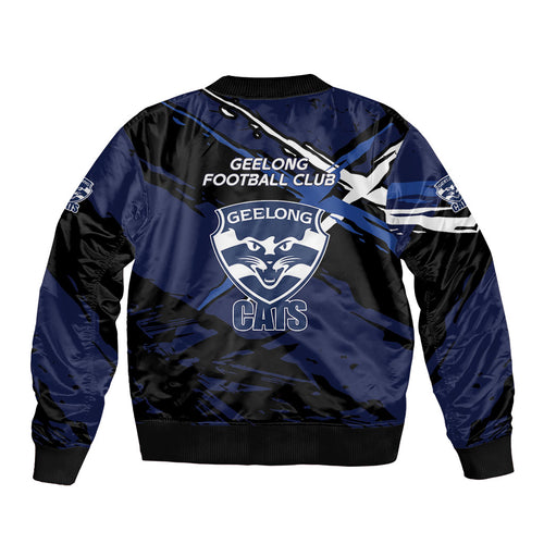 Geelong Football Club Sleeve Zip Bomber Jacket Cats Muscular Mascot Graphic - Abstract Paint Splatter Art