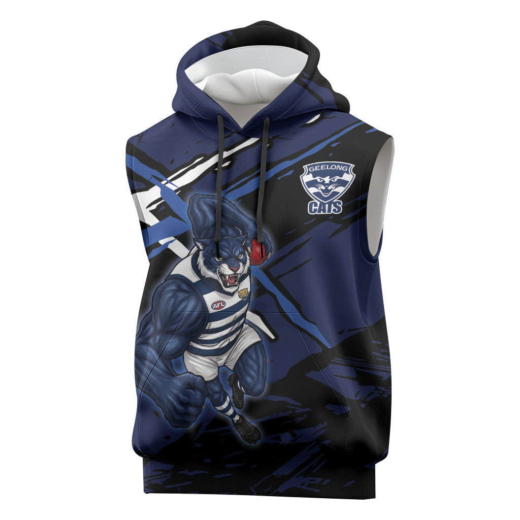 Geelong Football Club Sleeveless Hoodie Cats Muscular Mascot Graphic - Abstract Paint Splatter Art