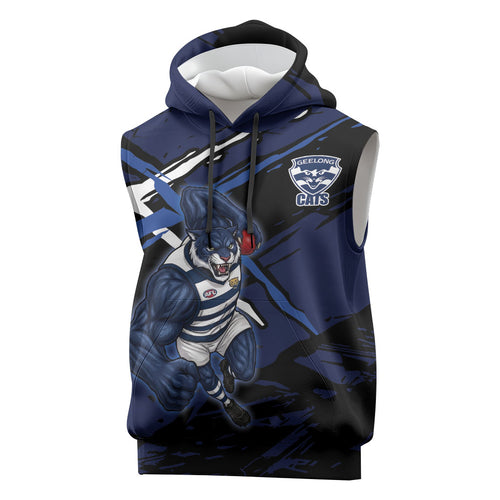 Geelong Football Club Sleeveless Hoodie Cats Muscular Mascot Graphic - Abstract Paint Splatter Art