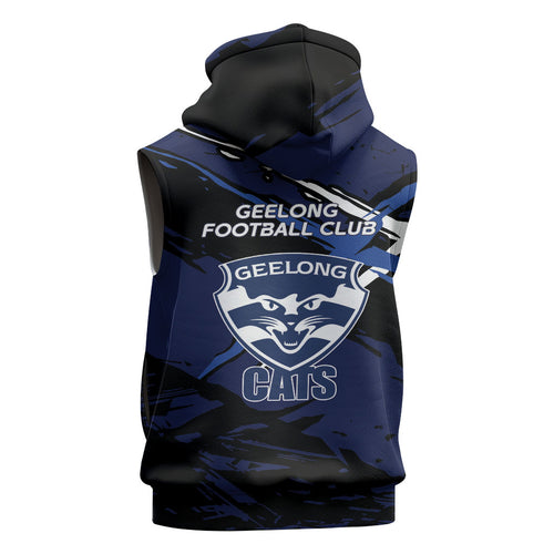 Geelong Football Club Sleeveless Hoodie Cats Muscular Mascot Graphic - Abstract Paint Splatter Art