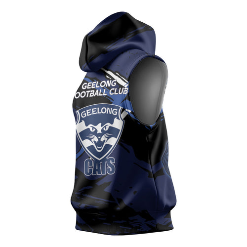 Geelong Football Club Sleeveless Hoodie Cats Muscular Mascot Graphic - Abstract Paint Splatter Art