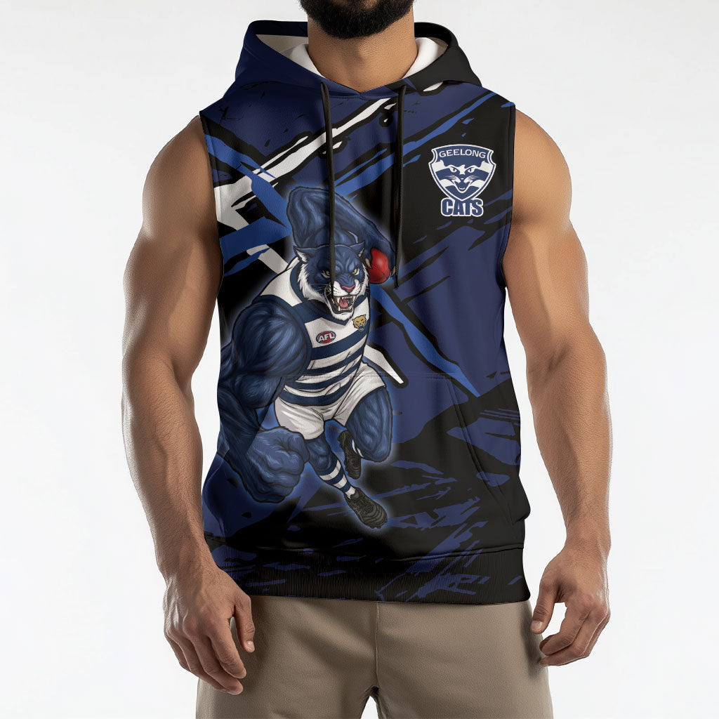 Geelong Football Club Sleeveless Hoodie Cats Muscular Mascot Graphic - Abstract Paint Splatter Art