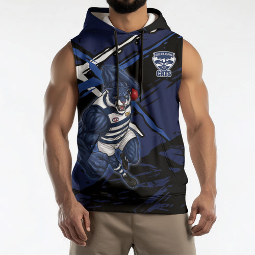 Geelong Football Club Sleeveless Hoodie Cats Muscular Mascot Graphic - Abstract Paint Splatter Art