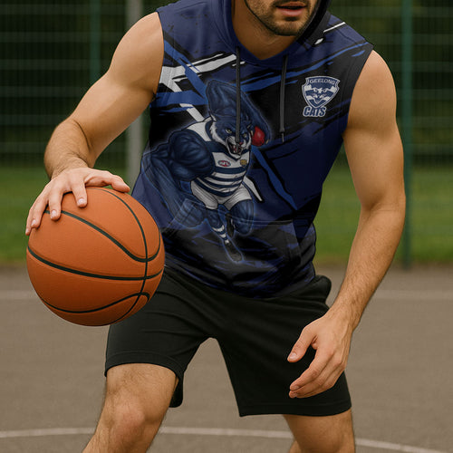 Geelong Football Club Sleeveless Hoodie Cats Muscular Mascot Graphic - Abstract Paint Splatter Art