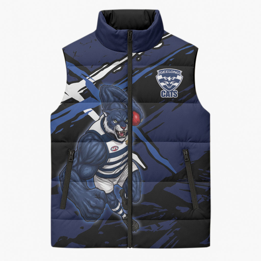 Geelong Football Club Sleeveless Puffer Jacket Cats Muscular Mascot Graphic - Abstract Paint Splatter Art