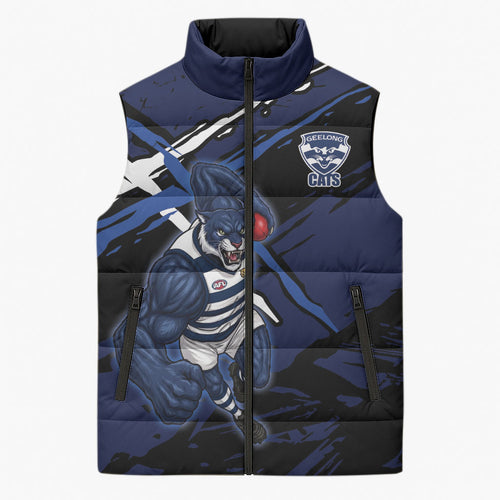 Geelong Football Club Sleeveless Puffer Jacket Cats Muscular Mascot Graphic - Abstract Paint Splatter Art