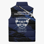 Geelong Football Club Sleeveless Puffer Jacket Cats Muscular Mascot Graphic - Abstract Paint Splatter Art