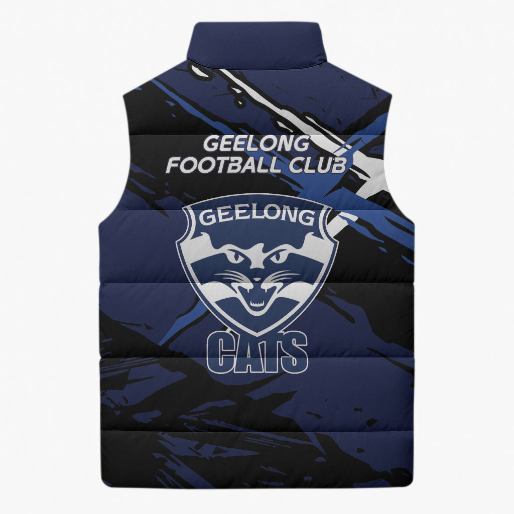 Geelong Football Club Sleeveless Puffer Jacket Cats Muscular Mascot Graphic - Abstract Paint Splatter Art