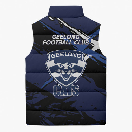 Geelong Football Club Sleeveless Puffer Jacket Cats Muscular Mascot Graphic - Abstract Paint Splatter Art