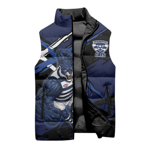 Geelong Football Club Sleeveless Puffer Jacket Cats Muscular Mascot Graphic - Abstract Paint Splatter Art