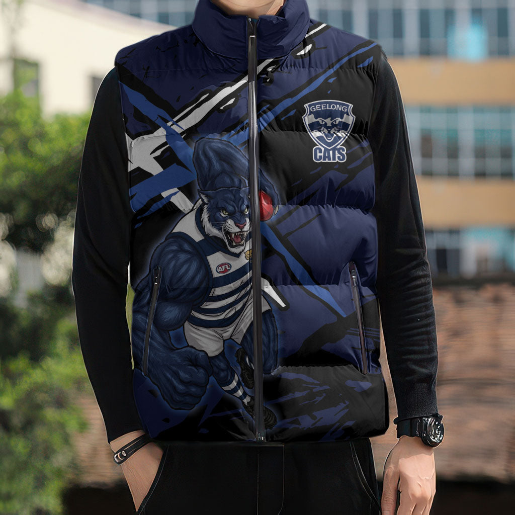 Geelong Football Club Sleeveless Puffer Jacket Cats Muscular Mascot Graphic - Abstract Paint Splatter Art