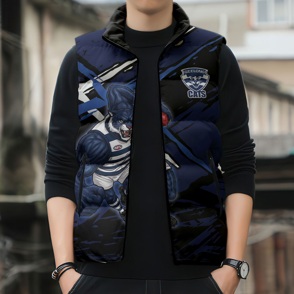 Geelong Football Club Sleeveless Puffer Jacket Cats Muscular Mascot Graphic - Abstract Paint Splatter Art