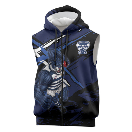 Geelong Football Club Sleeveless Zip Hoodie Cats Muscular Mascot Graphic - Abstract Paint Splatter Art