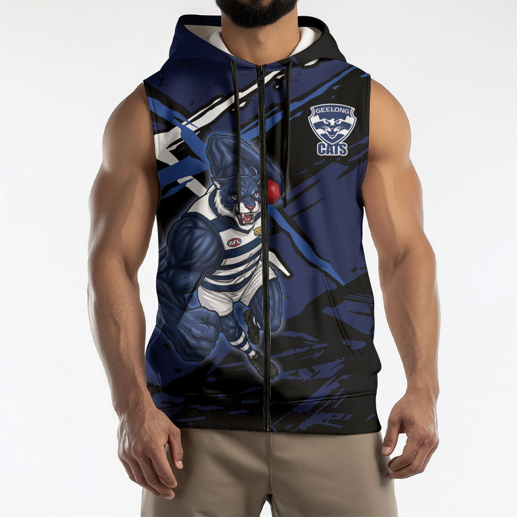 Geelong Football Club Sleeveless Zip Hoodie Cats Muscular Mascot Graphic - Abstract Paint Splatter Art