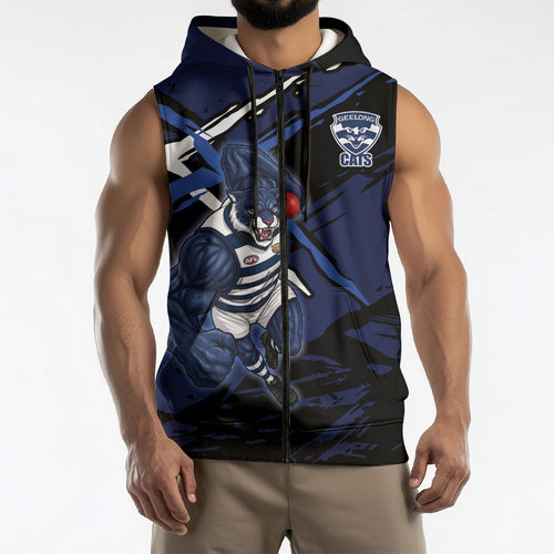 Geelong Football Club Sleeveless Zip Hoodie Cats Muscular Mascot Graphic - Abstract Paint Splatter Art