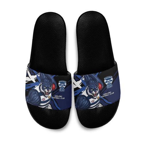 Geelong Football Club Slide Sandals Cats Muscular Mascot Graphic - Abstract Paint Splatter Art
