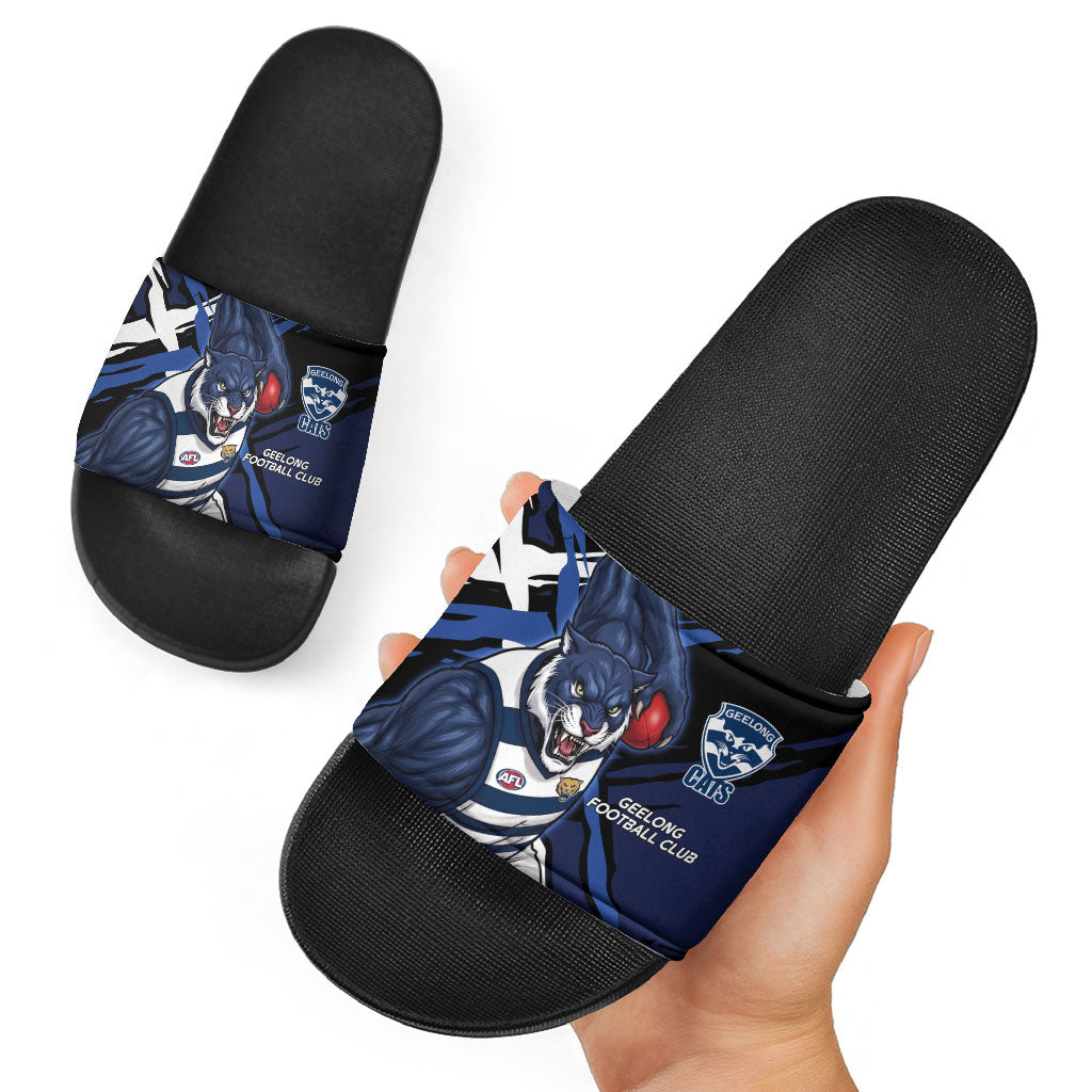 Geelong Football Club Slide Sandals Cats Muscular Mascot Graphic - Abstract Paint Splatter Art