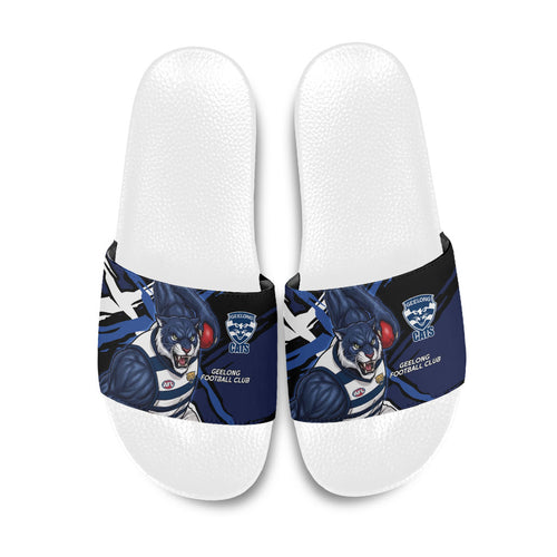 Geelong Football Club Slide Sandals Cats Muscular Mascot Graphic - Abstract Paint Splatter Art