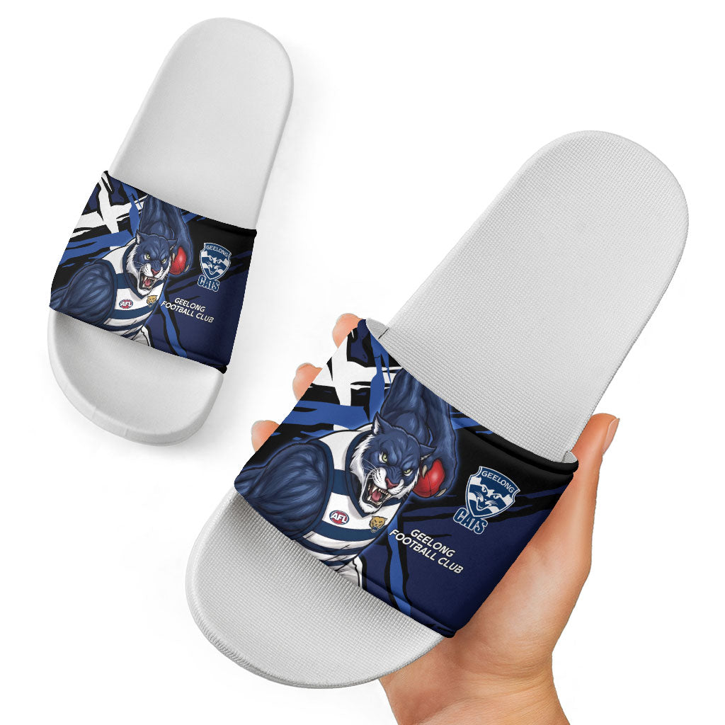 Geelong Football Club Slide Sandals Cats Muscular Mascot Graphic - Abstract Paint Splatter Art