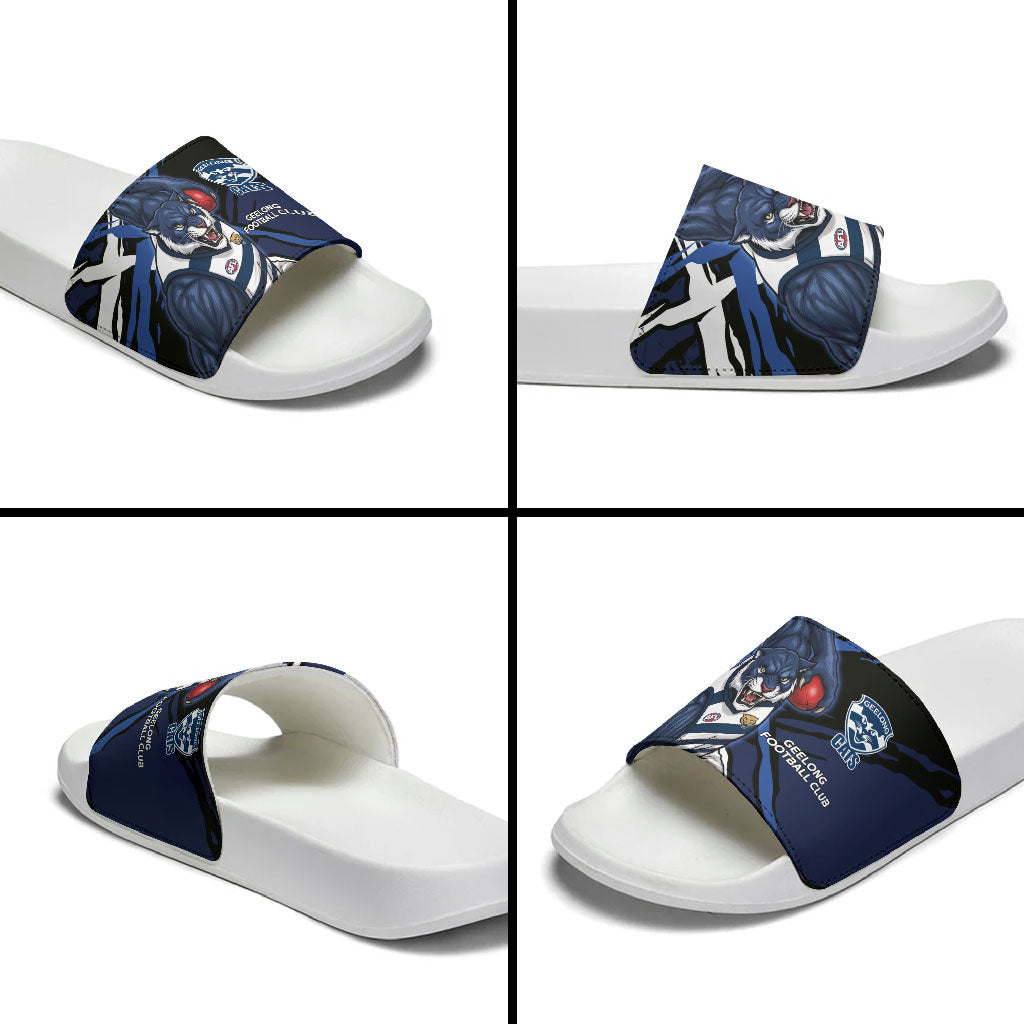 Geelong Football Club Slide Sandals Cats Muscular Mascot Graphic - Abstract Paint Splatter Art