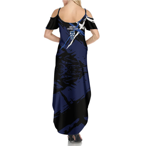 Geelong Football Club Summer Maxi Dress Cats Muscular Mascot Graphic - Abstract Paint Splatter Art