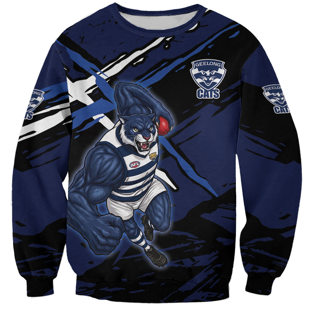 Geelong Football Club Sweatshirt Cats Muscular Mascot Graphic - Abstract Paint Splatter Art