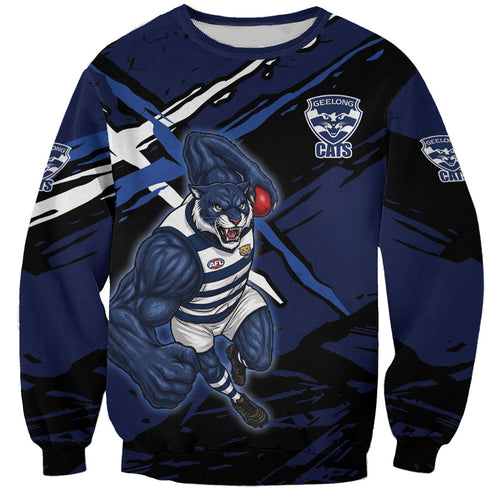 Geelong Football Club Sweatshirt Cats Muscular Mascot Graphic - Abstract Paint Splatter Art