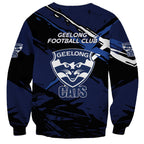 Geelong Football Club Sweatshirt Cats Muscular Mascot Graphic - Abstract Paint Splatter Art